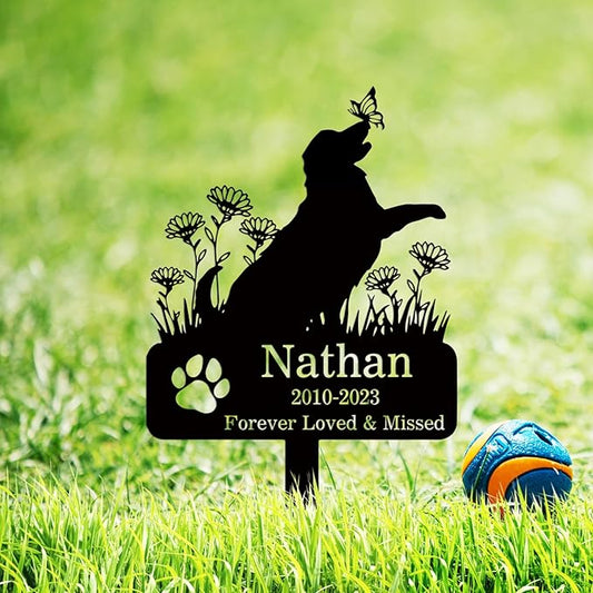Custom Flowers Dog Memorial Stake Marker Metal Plaque, Personalized Flowers Dog Memorial Grave Marker with Paw, Customized Pet Dog Memorial Grave Stake Outdoor Decor Garden Sign Headstone
