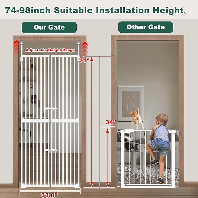 71" Extra Tall Cat Gate for Doorway,34"-37" Wide Pet Gate Pressure Mounted Walk Through Swing Auto Close Safety Dog Gates for Indoor, Stairs,Hallway