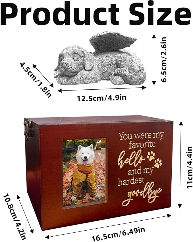 Dog Urn - Red Wooden Urns for Ashes Cremation Urn Box Keepsake Comes with Dog Angel