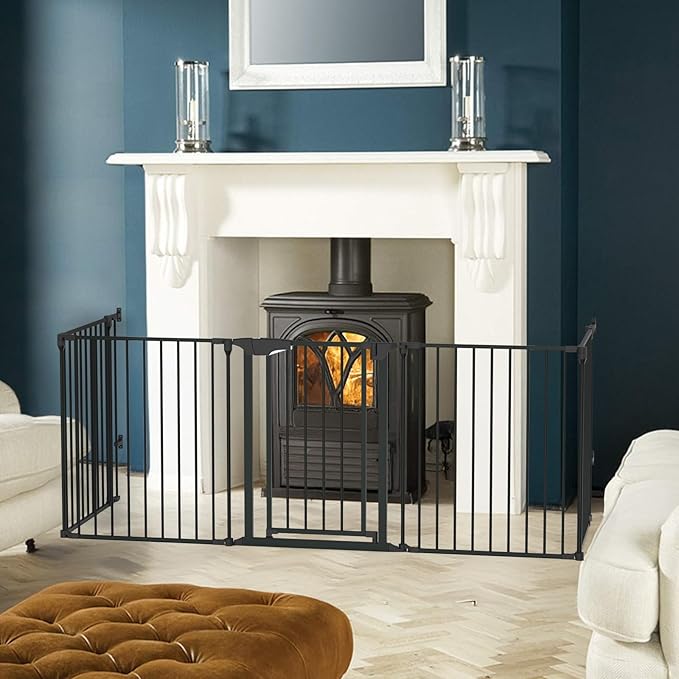 Bonnlo 208'' Wide Baby Gate Playpen 8 Panel Adjustable Play Yard Metal Dog Gate with Door Fireplace Christmas Tree Fence for Pet/Child/Toddler