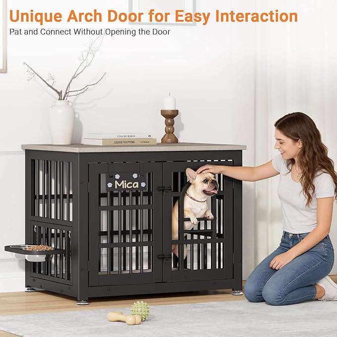 Dog Crate Furniture with Name Tag, Dog Kennel Indoor with 360° Rotating Feeder and Adjustable Heights Bowls, Wooden Decorative Pet Cage End Table for Small Dogs, Grey 31.5" L
