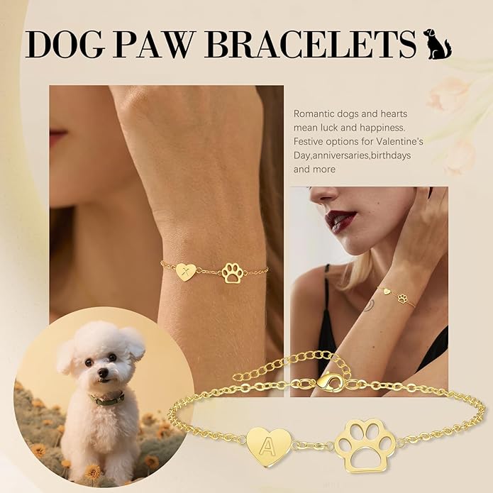 Dog Easter Mom Gifts for Dog Lover Initial Bracelet for Women with Heart Adjustable Pet Paw Gold Bracelets for Women Non Tarnish Memorial Gift for Pet Lover Birthday Jewelry