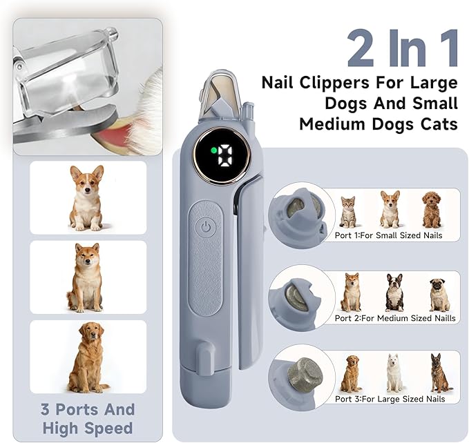2-in-1 Dog Cat Nail Grinder & Clipper with LED Light, Pet Nail Clippers for Large Medium Puppy Dogs Ultra Quiet, Dog Cat Nail Trimmers with Splash Guard, Electric Dog Cat Claw Care File (Grey)