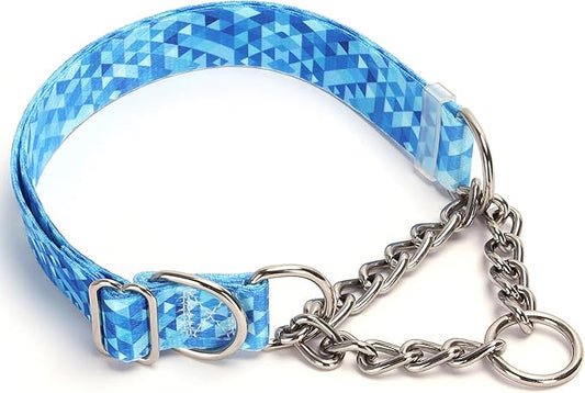 Martingale Dog Collar with Stainless Steel Chain, No Pull Slip Cinch Choker Choke Collar Training Escape Proof Heavy Duty Dog Collar for Medium Large Extra Large Pet Boy Male Dogs, Blue L