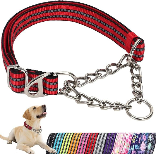 Martingale Dog Collar with Reflective Padded Strap, Anti-Choke & No-Pull Design Dog Collars with Heavy-Duty Chain, Perfect for Medium Large Extra Large and XXL Dogs (Red L)
