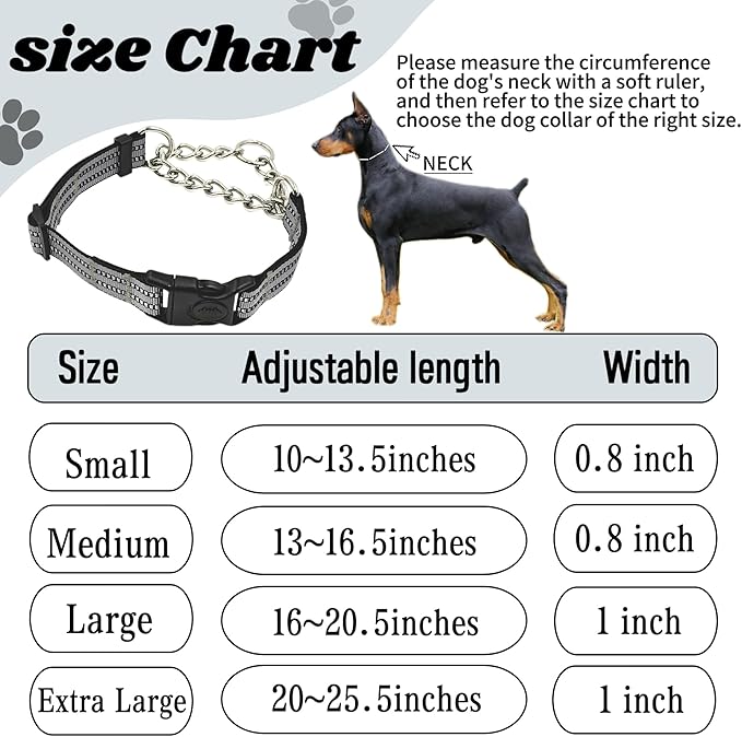 Martingale Dog Collars, Reflective Nylon Collar with Stainless Steel Chain, Adjustable Walking Training Dog Collars with Quick Release Buckle, Suitable for Small Medium Large Dogs(Gray,S)