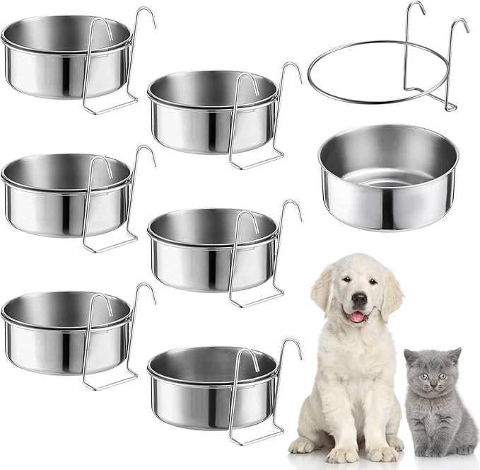 mumufy 6 Pieces Stainless Steel Hanging Water Bowls with Holder Detached Anti Spill Pet Metal Bowl Cage Kennel Crate Food Bowl(16 x 6 cm)