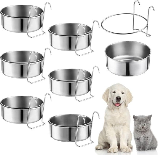 mumufy 6 Pieces Stainless Steel Hanging Water Bowls with Holder Detached Anti Spill Pet Metal Bowl Cage Kennel Crate Food Bowl(16 x 6 cm)