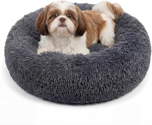 Calming Donut Dogs Beds for Small Dogs Washable,23inch Plush Round Pet Bed for Cozy Sleep,Fluffy Faux Fur Large Cat Bed,Fits up to 25 lbs Pets,Dark Grey