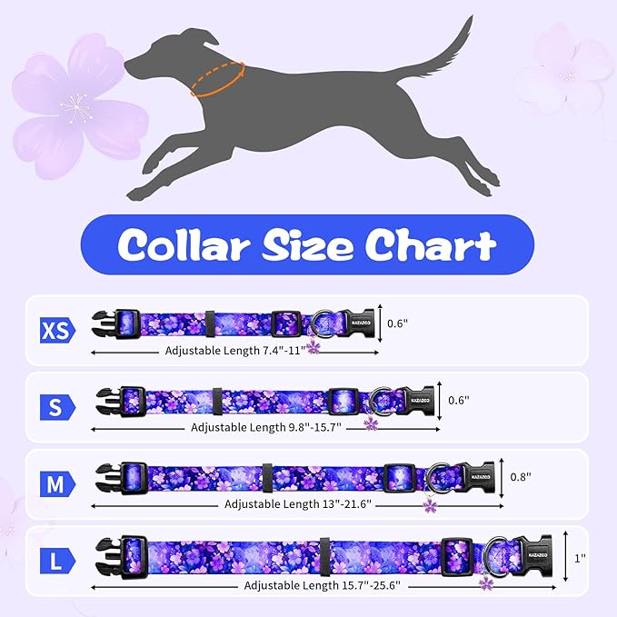 Kazazoo Dog Collar Cute and Soft Nylon Puppy Collar Girl, Adjustable Dog Collars for Small Medium Dogs, Purple Flowers-XS