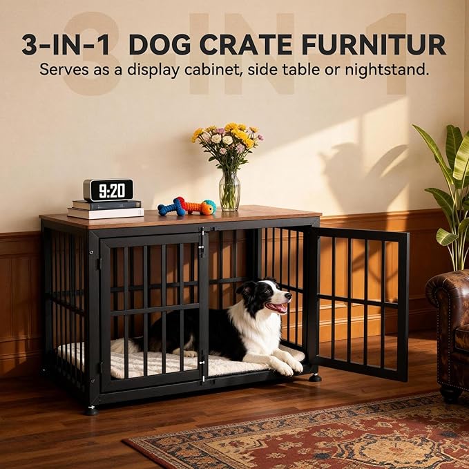 Oranland 42 Inch Heavy Duty Dog Crate Furniture,Dog Kennel Furniture Indoor for Large and Medium Dogs,Decorative Pet House End Table, 0.8 Inch Steel Tubes Wooden Cage/Max Load Capacity 300lbs/Black