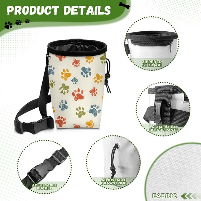 Colorful Paw Puppy Training Pouch 3 Ways to Wear, Hands-Free Design Dog Treat Pouch Pocket Sized Dog Training Treat Pouch Bag Dog Treat Carrier Holder with Waist Belt Shoulder Strap