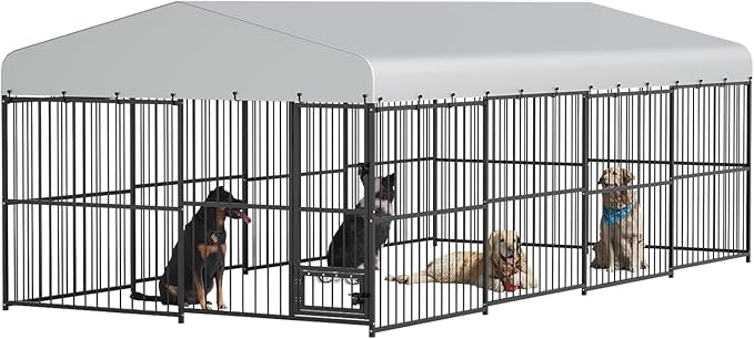 Garvee Dog Kennel Outdoor with Waterproof Canopy, Large Dog House with Feeding Doors, Large Dog Kennel Outdoor for Garden Backyard Courtyard（10×20×7FT）