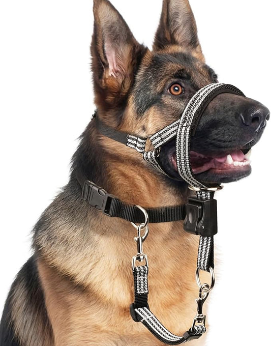 BARKLESS No Pull Dog Head Collar for Gentle Training Walking, Soft Padded Head Halter with Collar Safety Clip, Comfortable Fit Muzzle Leash with Reflective Strap for Medium Large Dog (Grey, L)