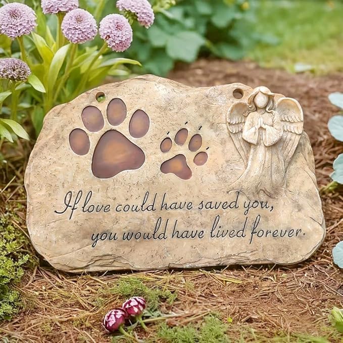 jinhuoba Pet Dog Memorial Stones Headstones Plaques with Angel, Sympathy Paw Prints Pet Dog Memorial Gifts Loss Gifts Remembrance Gift Grave Stones for Dogs or Cats Outdoors, 11" x 7.5"