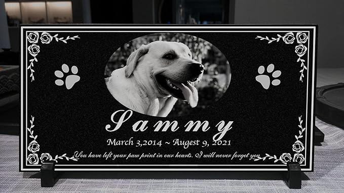 Personalized Memorial Granite Stone, headstones for Graves，Grave Markers for Cemetery， Engraved with Photo with Paw Print, Memorial Stones for Loved Ones,or Pet, Dog, Cat (Paw 3) …