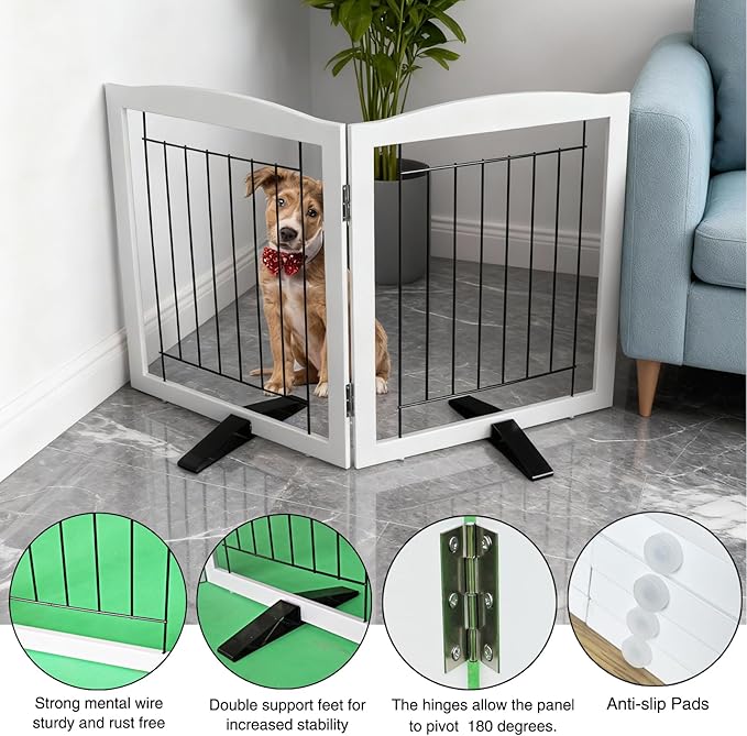 Dog Fence Indoor,Dog Gate Indoor for Doorway pet gate -2-Panel Freestanding, Hallways, House or Stairs -40x32-Inch Retractable Foldable Expandable Wood Pet by SFJC (White) ﻿