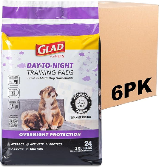 Glad for Pets Day to Night Activated Carbon Puppy Training Pads, Odor Control Disposable Dog Pads with Adhesive and Wall Protection, Leak Proof and Super Absorbent, 30 x 36 Inch, 24 Count - 6 Pack