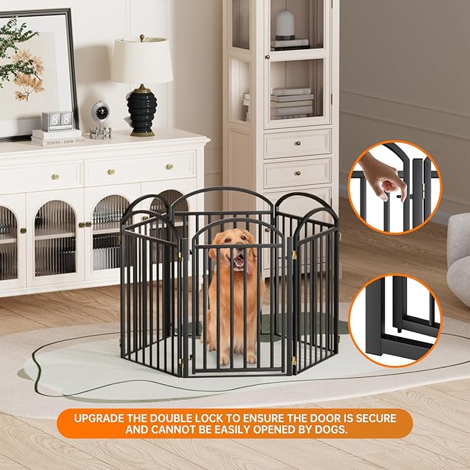 6 Panels Full Matel Freestanding Dog Gates with Door, 144"Extra Wide 32"Tall Free Standing Dog Pet Gate for Indoor & Outdoor. Foldable Pet Fences for Doorways, House, Stairs, Porch, Deck, Yard