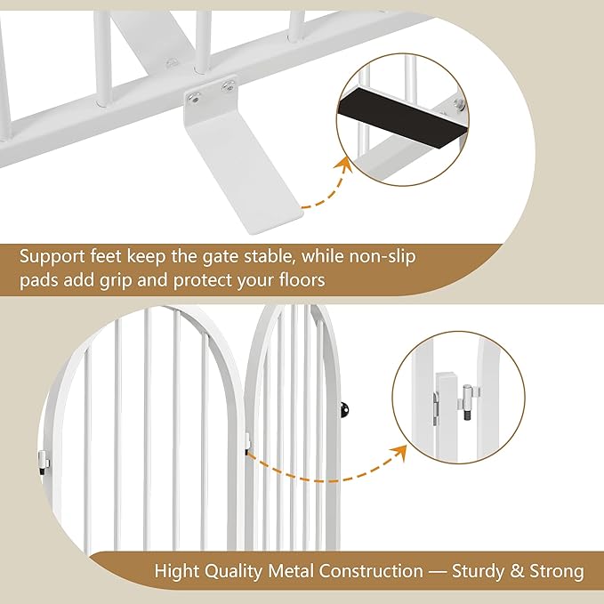 Full Metal Dog Gate with Door for Indoor Outdoor, 32" Tall Free Standing Pet Dog Fence, 72" Extra Wide Pet Gates for Stairs, Hallways, Doorways, Kitchen, Decks, Yards (White, 4 Panels)
