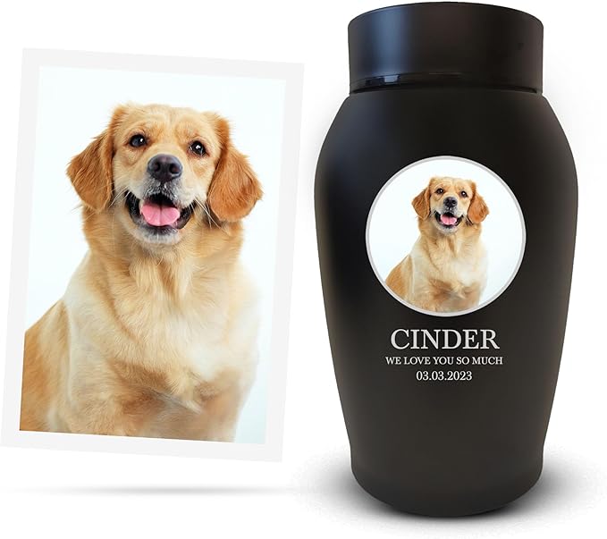 Personalized Custom Photo Dog Urn Engraved Dog Name and Date Stainless Steel Cremation Urns for Dogs Ashes with Pet Photo | Pets Up to 15 Lbs | Small 5.2" x 3" | Black