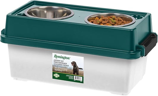 IRIS Remington 13 Lb /12 Qt Medium Elevated Feeder with Airtight Pet Food Storage Container, Dry Food Bin with Removable Stainless Steel Bowls, At Home Camping Roadtrip Pet Food Container, Green