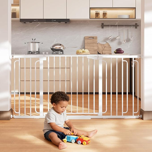 Cumbor 36.6-64" Extra Wide Baby Gate for Stairs, Dog Gates for Doorways, Auto-Close Pet Gate Indoor, Pressure Mounted Walk Through Safety Child Gate for Kids Toddler, Tall Pet Puppy Fence Gate, White