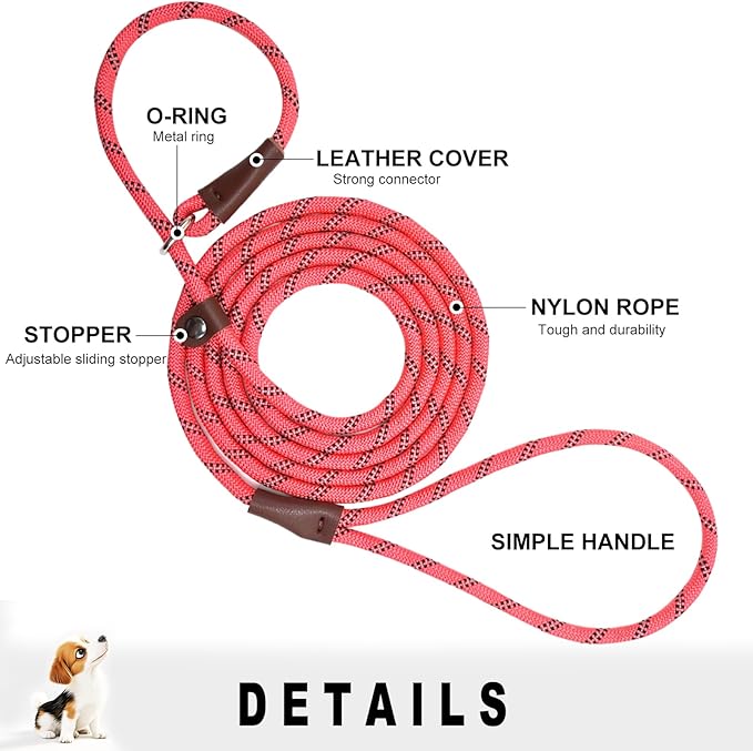 7ft Slip Lead Dog Leash for Small Dogs, No Pull Puppy Training Lead, Lightweight Sturdy Pet Slip Rope Leash, Pink