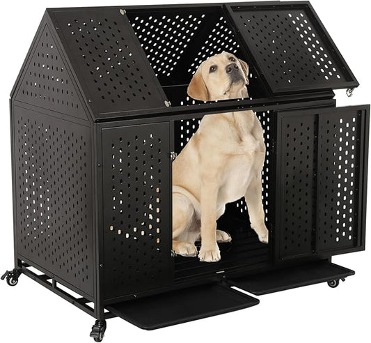 44 inch Indestructible Heavy Duty Dog Crate, Escape-Proof Indoor Impact Dog Cage for Large Medium Dogs, High Anxiety Pet Kennel with 2 Trays, 4 Wheels, 4 Locks and Double Door, XL