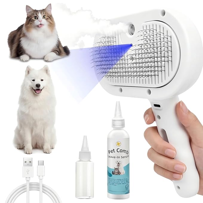 Pet Steam Brush for Dog & Cat - 4-in-1 Blue Light Steam Grooming Brush for Shedding & Hair Removal - Self Cleaning Spray Comb with Mist for Long Haired Pets - Includes 1*Waterless Shampoo, White.