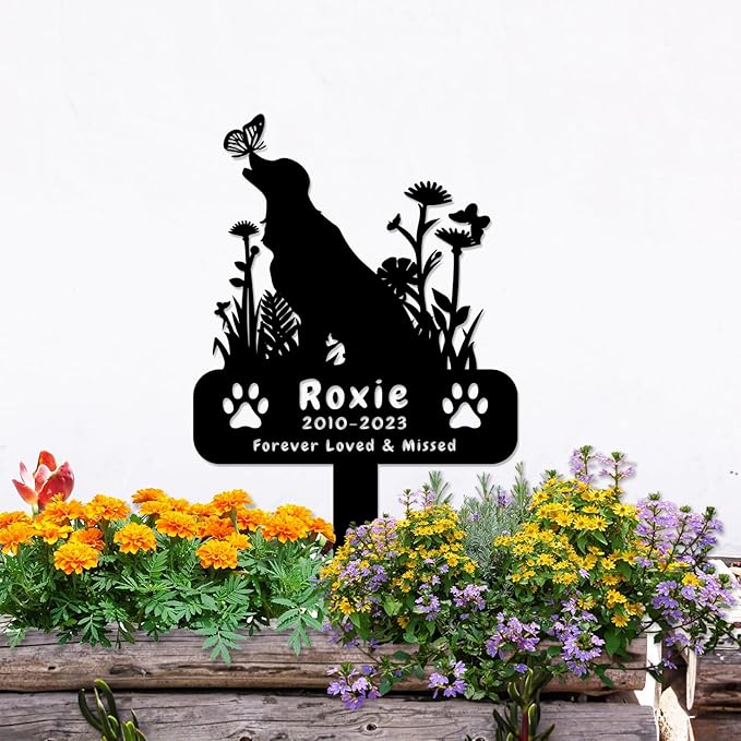 Custom Metal Flowers Dog Memorial Grave Marker, Personalized Butterfly Dog Memorial Stake Grave Marker, Customized Plants Dog Plaque Memorial Sign with Stake Pet Grave Marker Sympathy Gift