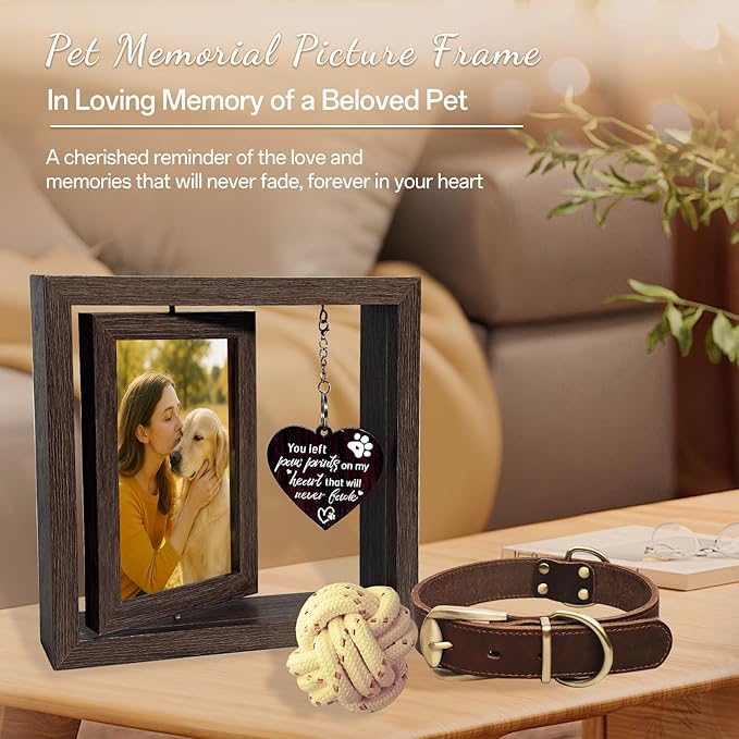 Dog Memorial Gifts for Loss of Dog – Pet Memorial Gifts for Dogs & Cats – Rotating Wooden Picture Frame for 4x6 Photos – Pet Loss Sympathy Gift