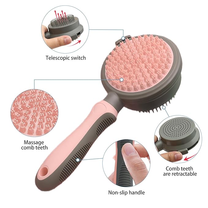 Pink Retractable Self-Cleaning Dog Bath Brush Double-Sided Dog Shedding Brush Long&Short Pin Cat Deshedding Brush Pet Grooming Tool for Dogs and Cats Remove Loose Hair Mats Knots Tangles