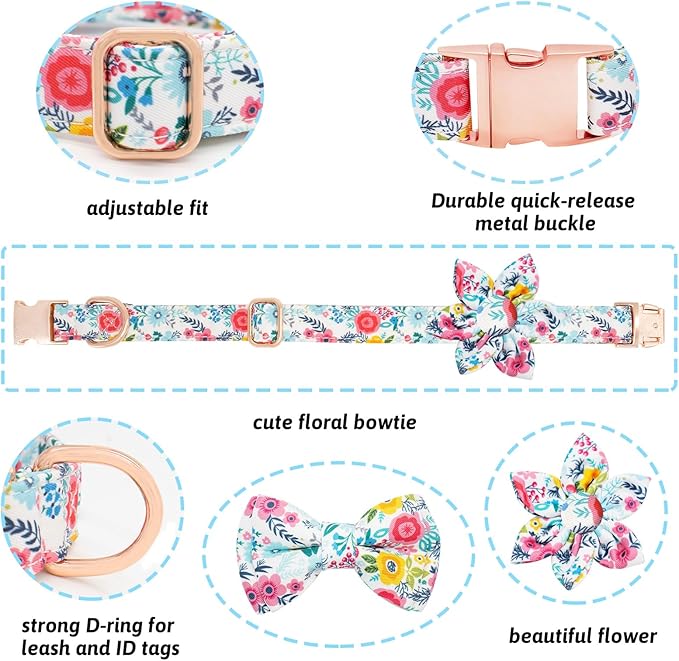 Dog Collar and Leash Set Girls Adjustable Puppy Collars with Floral Bow Tie for Small Medium Large Female Dogs, Teal Flower, M