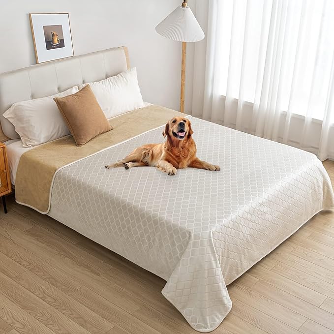 fuguitex Waterproof Dog Blanket Bed Cover Dog Crystal Velvet Moroccan Fuzzy Cozy Plush Pet Blanket Throw Blanket for Couch Sofa(52 * 82 inch, Cream+Sand)