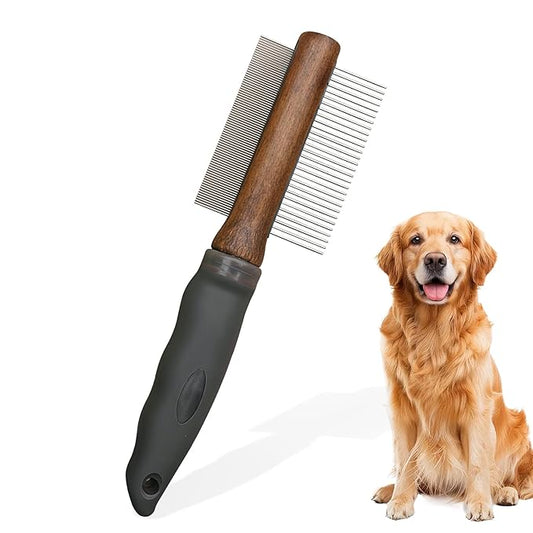 2-in-1 Dog Dematting&Deshedding Comb with Wooden Handle Double-Sided Fine&Wide Tooth Dematting Comb Pet Flea Comb for Dogs and Cats Gentle Remove Loose Hair Tangles Dirt Fleas