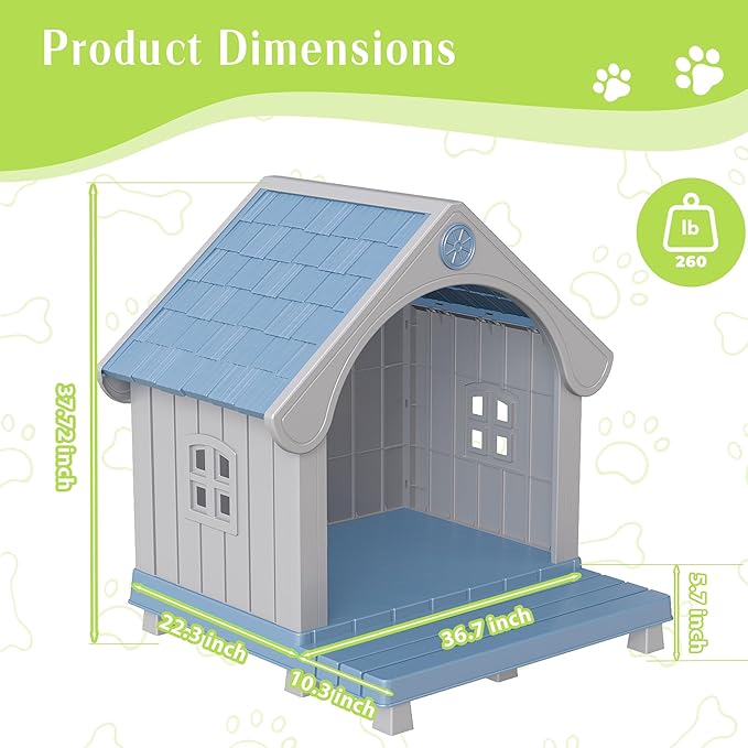 DRATO Large Dog House Outdoor Indoor, Sturdy Plastic Waterproof Doghouse with Air Vents and Elevated Floor, Easy Clean & Assemble for Medium Large Dogs (Blue, 33" L×31.5" W×38" H)