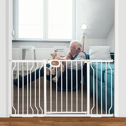 owlie Baby Gate for Stairs - 29-57'' Wide,No Drilling, Pressure Mount, White (30.5'' Tall)