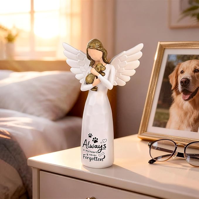 DALARAN Hand-Painted Angel Memorial Statue, Sympathy Gift for Loss of Dog with “Always in My Heart” Inscription, 14cm Remembrance Keepsake for Home Décor