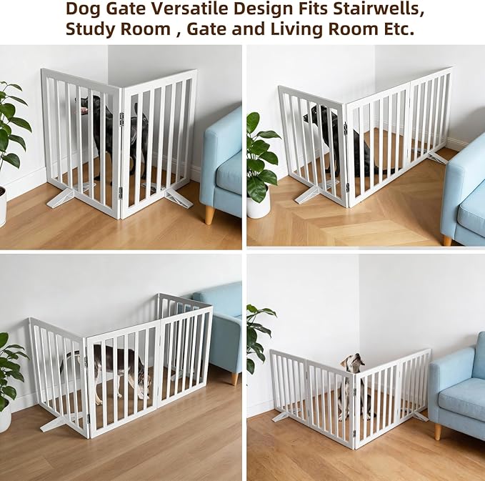 Dog Gate Indoor, Freestanding Dog Fence for The House, Doorways, Hallways,or Stairs,Pet Gate Foldable Wooden,Expandable 32" Height 2 Panels,White
