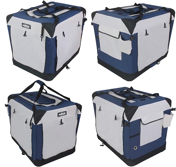EliteField 4-Door Folding Soft Dog Crate with Curtains, Carrying Bag and Fleece Bed (2 Year Warranty), Indoor & Outdoor Pet Home (42" L x 28" W x 32" H, Navy Blue+Gray)