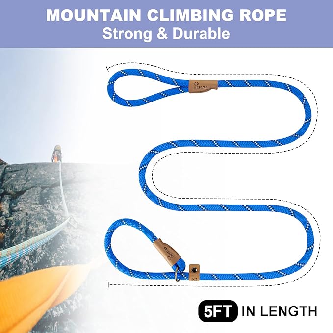 5 FT Slip Lead Dog Leash, Heavy Duty Rope Leash for Small Medium Large Dogs, No Pull Training Lead with Reflective Thread, Strong Comfortable Loop Leash (Blue Stripe, Large(1/2"))