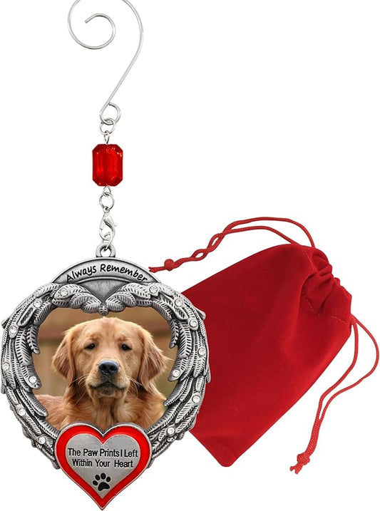 Pet Memorial Photo Ornament - Custom Picture Ornaments - Always Remember The Paw Prints I Left Within Your Heart - Angel Wings Christmas Decoration - Gift Storage Bag Included - Measures 4" H x 3" W