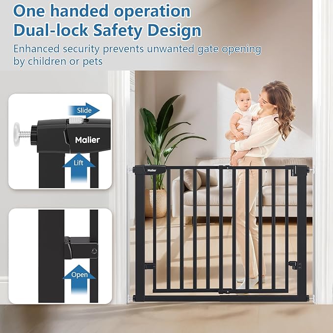 Malier Newest Baby Gate for Stairs with Large Walk Thru Door, 29-38" No Drill Pressure Mounted Dog Gate for Doorway, Auto Close Baby Gate, Easy Walk Through Gate Pet Gate for Child and Pets