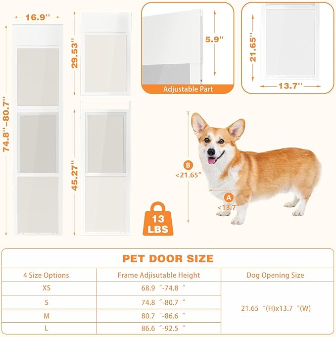 Dog Door for Sliding Glass Doors, 74.8"–79.9" Height Adjustable, Two-Piece Design Pet Door with Lock, Easy Insert-Install, No-Drill Needed, Ideal for Apartments, Rentals, Balconies & Patios