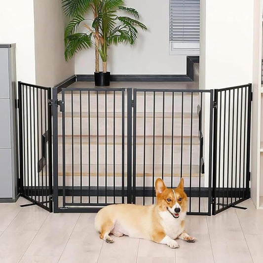 Metal Freestanding Dog Gates with Door for Outdoor Indoor,80'' Extra Wide Free Standing Dog Gate for Doorways,Large Openings,Deck,Yard,Porch,Foldable Safety Pet Fence(Black,4 Panels)