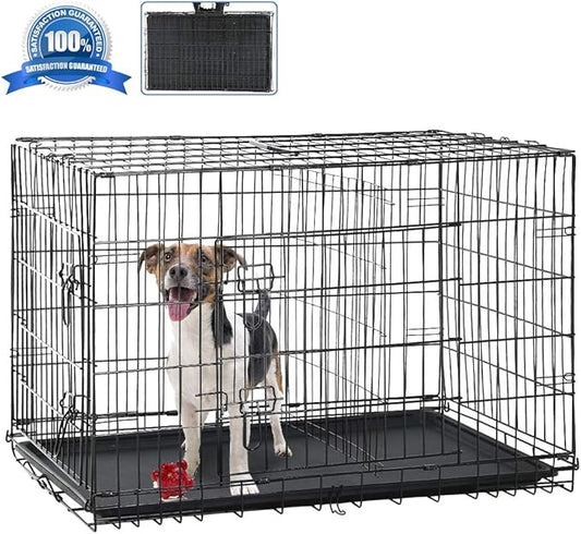 Dog Crate, Folding Portable Outdoor Large Two Door Metal Cat Dog Cage with ABS Tray LC Panel Floor Protecting Feet Wire Animal Pet Dog Kennel with Divider