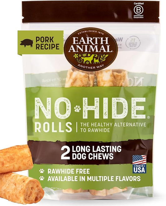 Earth Animal No Hide Chews - Long Lasting Rawhide Free Medium Dog Chews Rolls, Pork - 2 Count