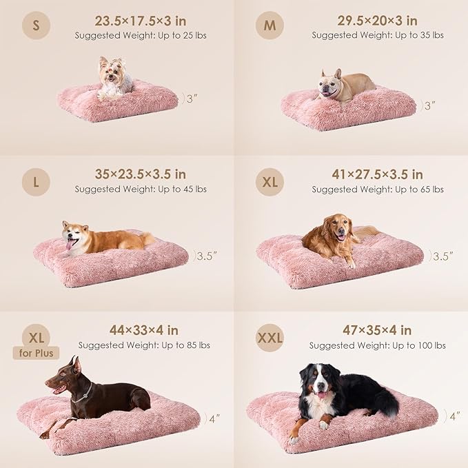 EHEYCIGA Fluffy Dog Bed, Plush Faux Fur Crate Pad, Calming Anti Anxiety Small Dog Bed, Washable Soft Warm Crate Mat with Non-Slip Bottom, Pink