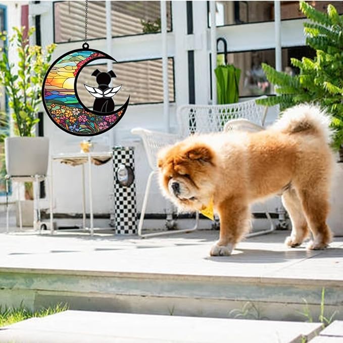 Memorial Pet Sympathy Suncatcher - White Angel Dog on Flower Moon Beverage Acrylic Ornament - Window Wall Decor Gift for Dog Lover
